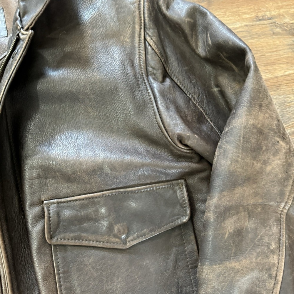 VTG Mens Shop Brown Leather Jacket Distressed Sz L Bomber Classic Trendy Flight - Picture 5 of 8
